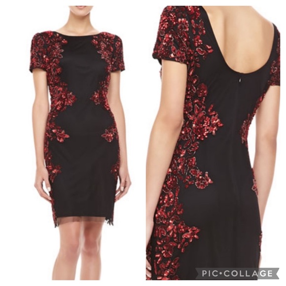 Aidan Mattox cocktail red and black sequins - Picture 2 of 14
